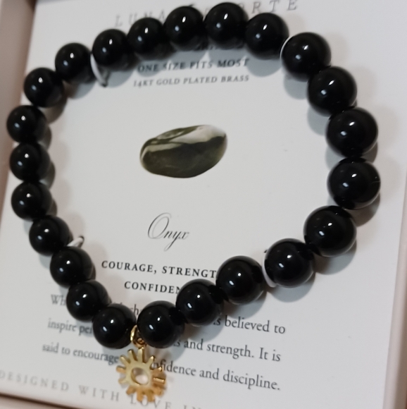 LUNA NORTE 14K GOLD PLATED 🌞 SUN CHARM W/ BLACK ONYX BEADS STRETCH BRACELET - Picture 3 of 8